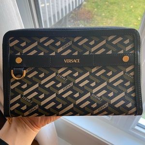 Versace Greca logo-print leather clutch bag